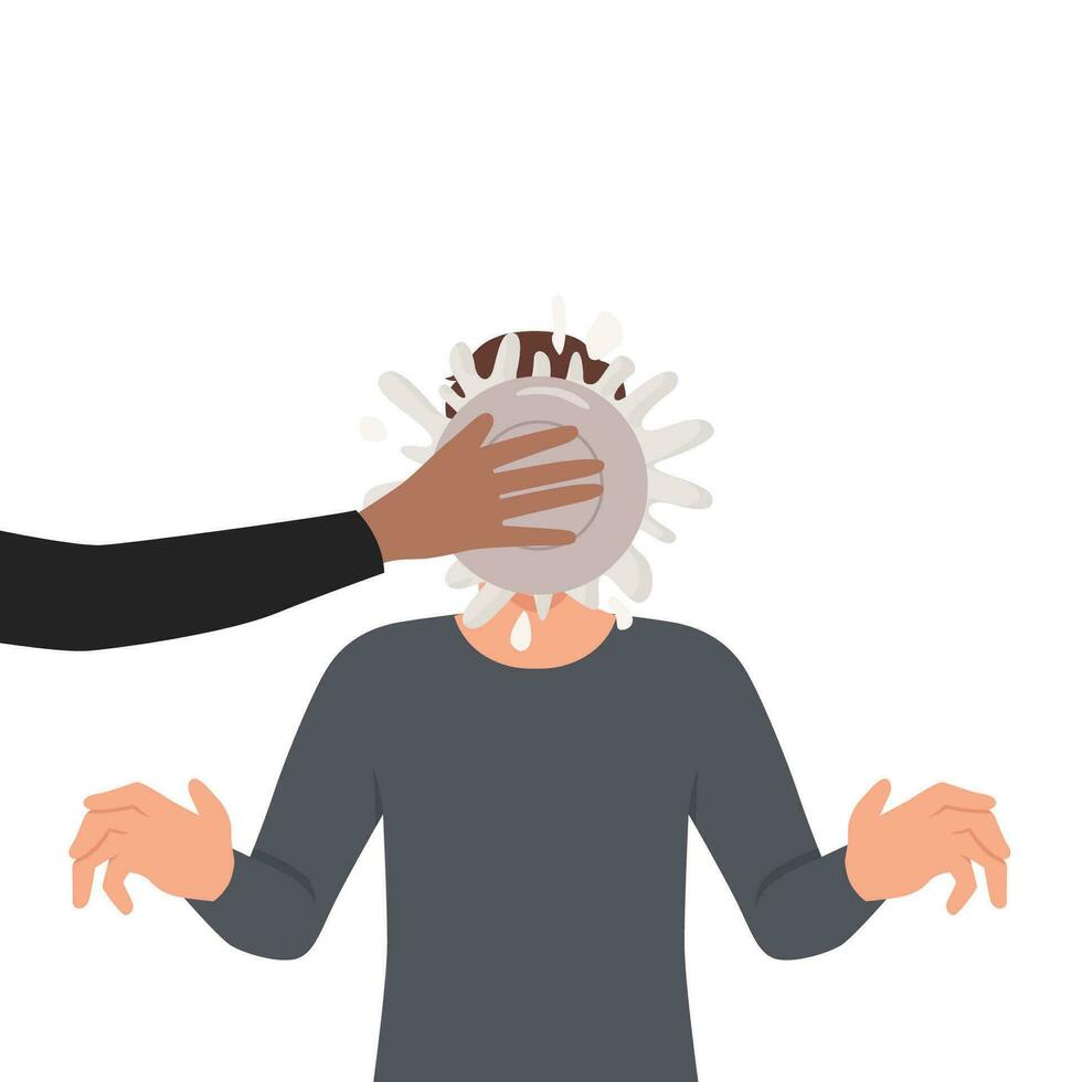 Person throw pie in man face make fun of friend or colleague. Greeting or congratulation with happy birthday prank or joke. Laughter and smile concept. vector