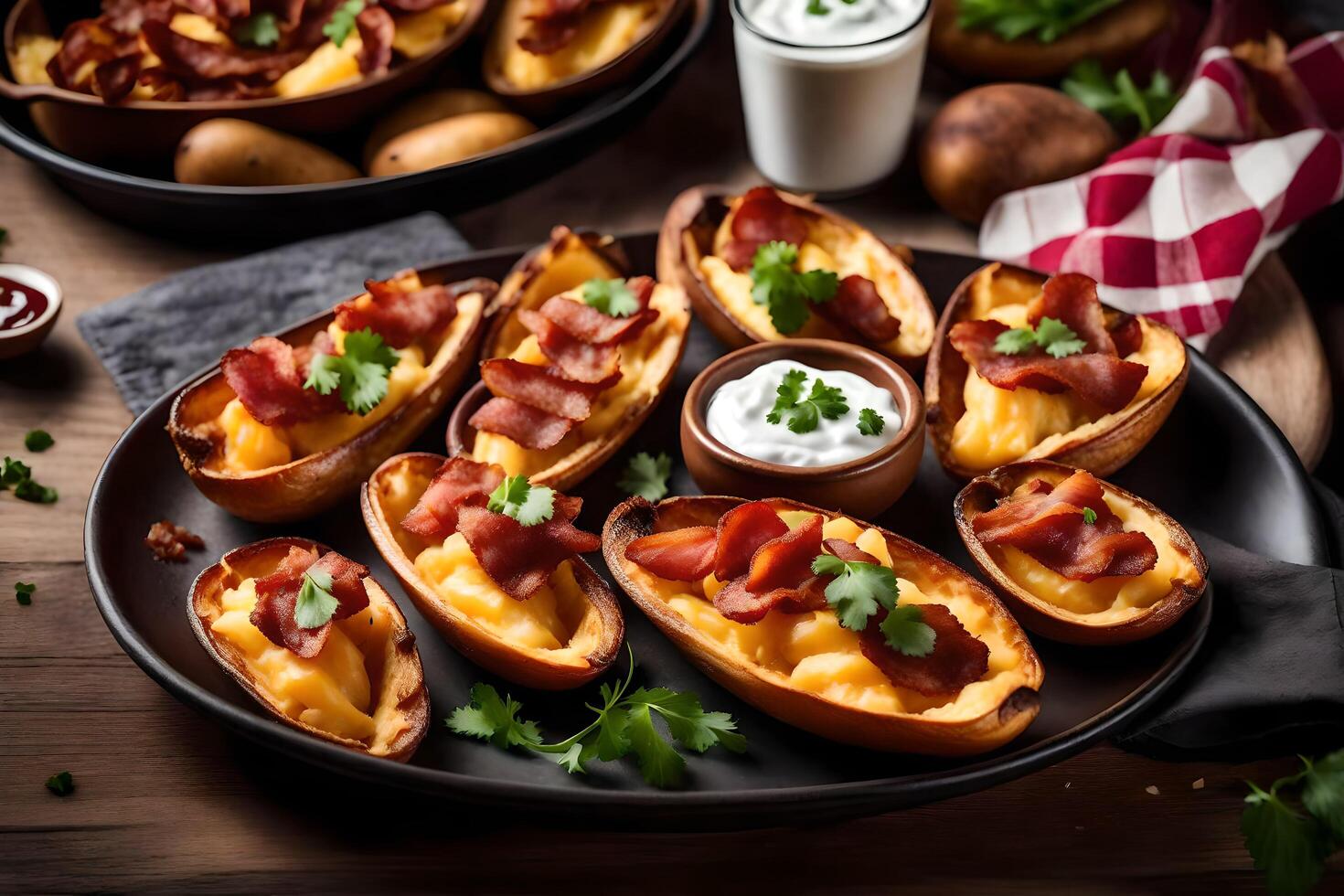 AI generated baked potatoes with bacon and cheese on a plate photo