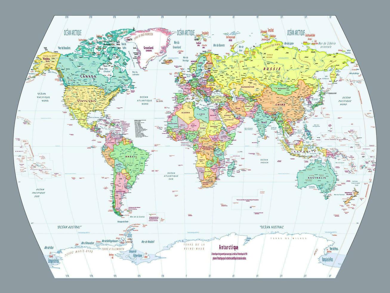 French language political world map World times projection vector