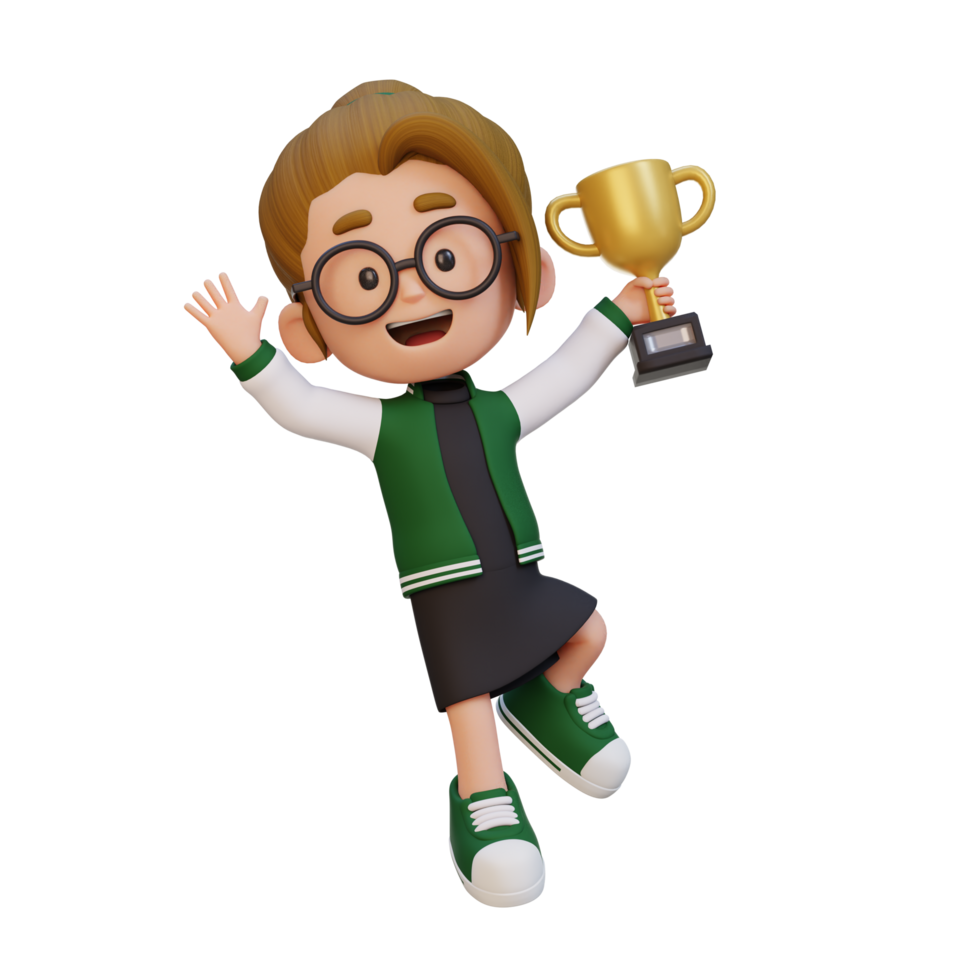 3D girl character celebrating win holding a trophy png