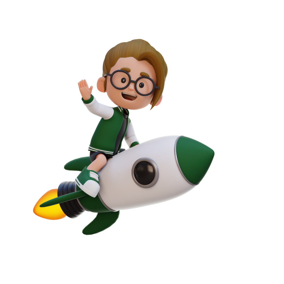 3D girl character riding a rocket and waving hand png