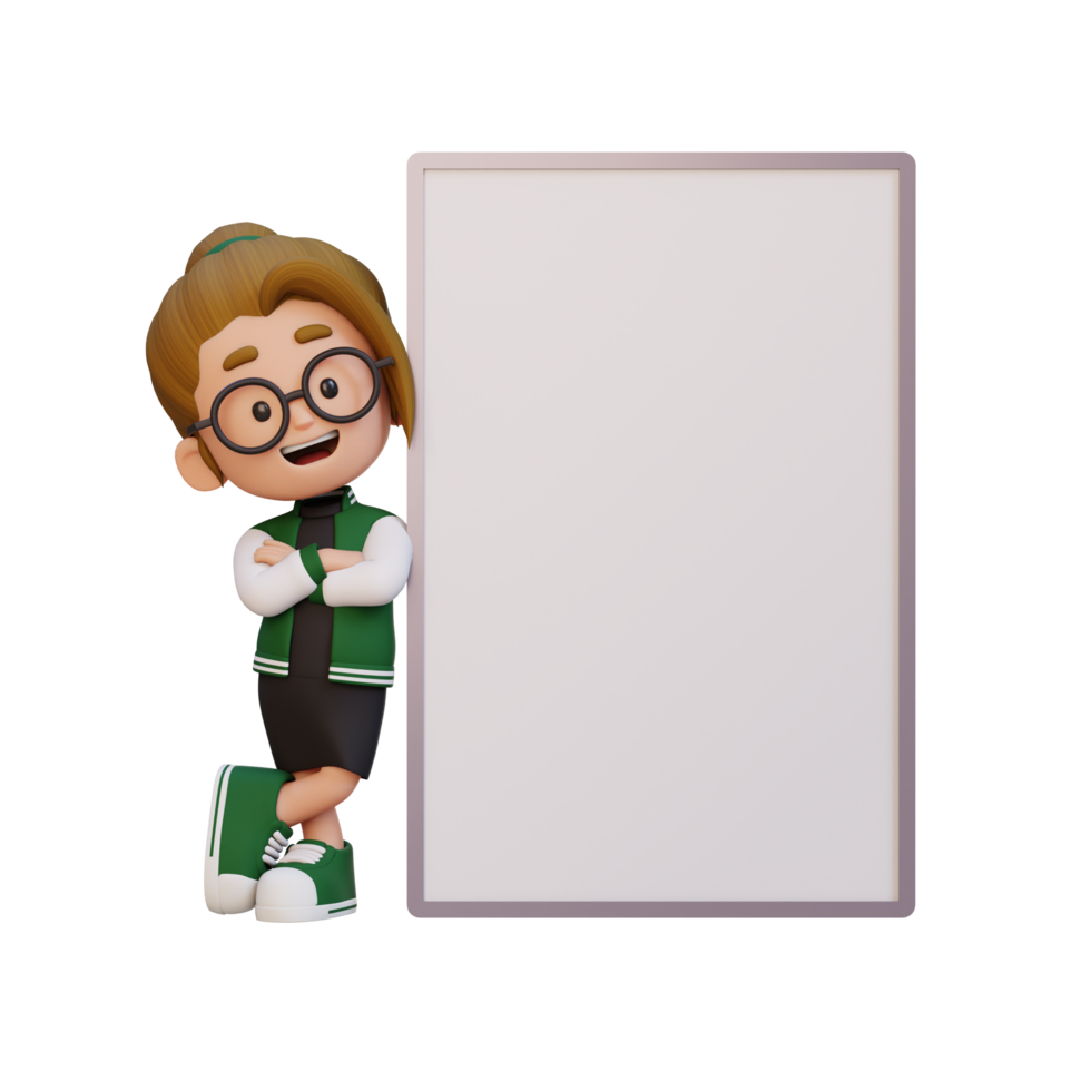 3D girl character holding a blank placard png