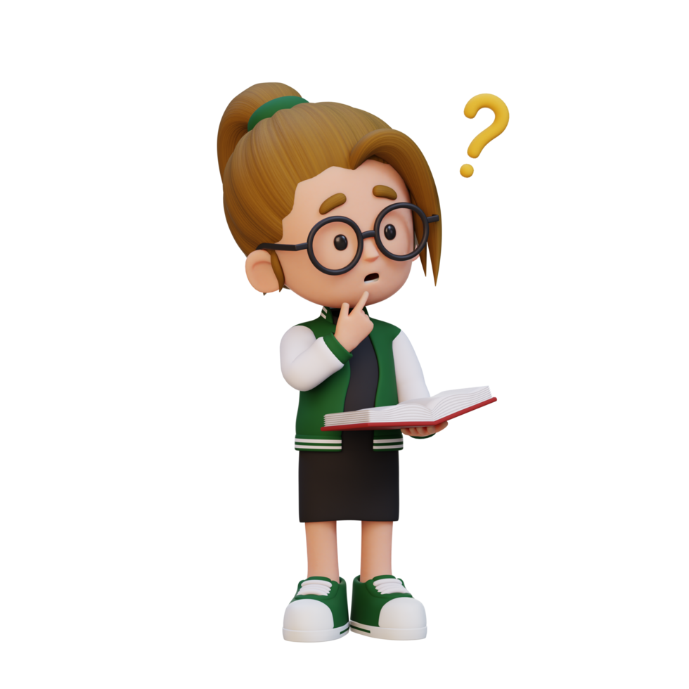 3D girl character get confused when reading a book png