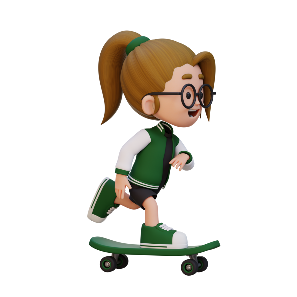 3D girl character ride skateboard png