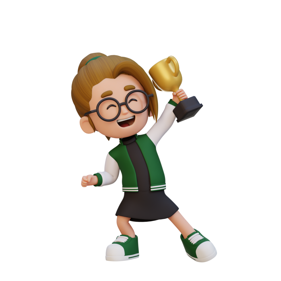 3D girl character celebrating win holding a trophy png