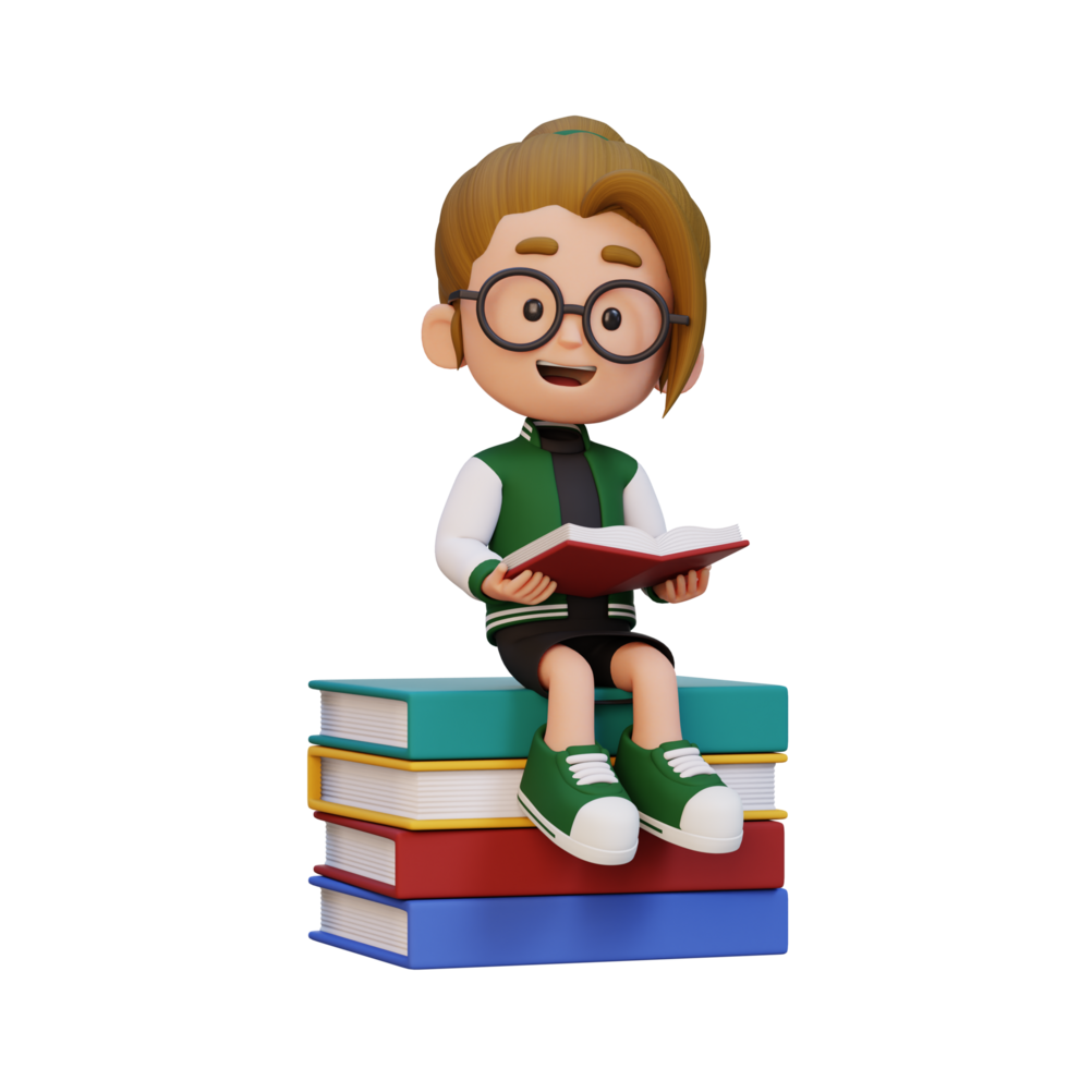 3D happy girl character reading book png