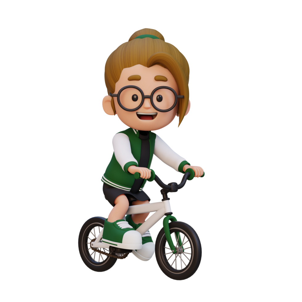 3D girl character ride bike go to school png