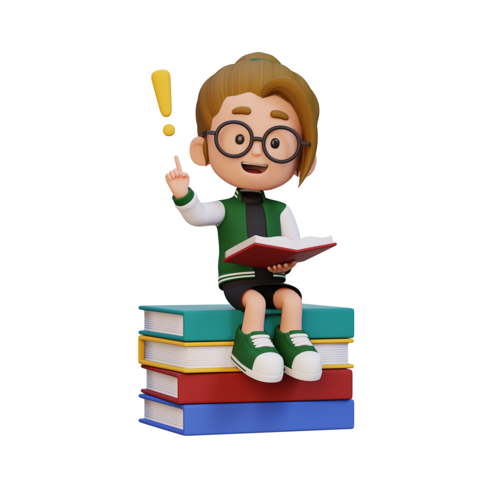 3D girl character get an idea when reading a book png