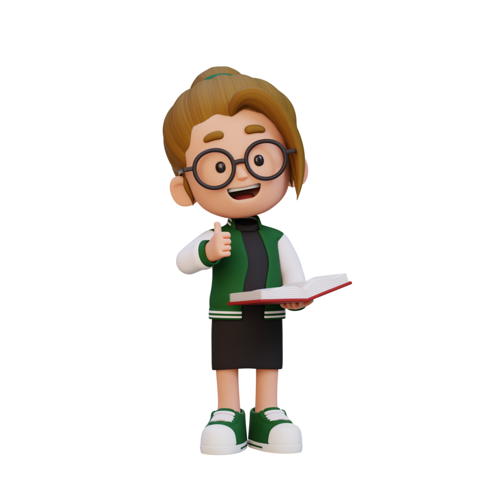 3D happy girl character reading book png