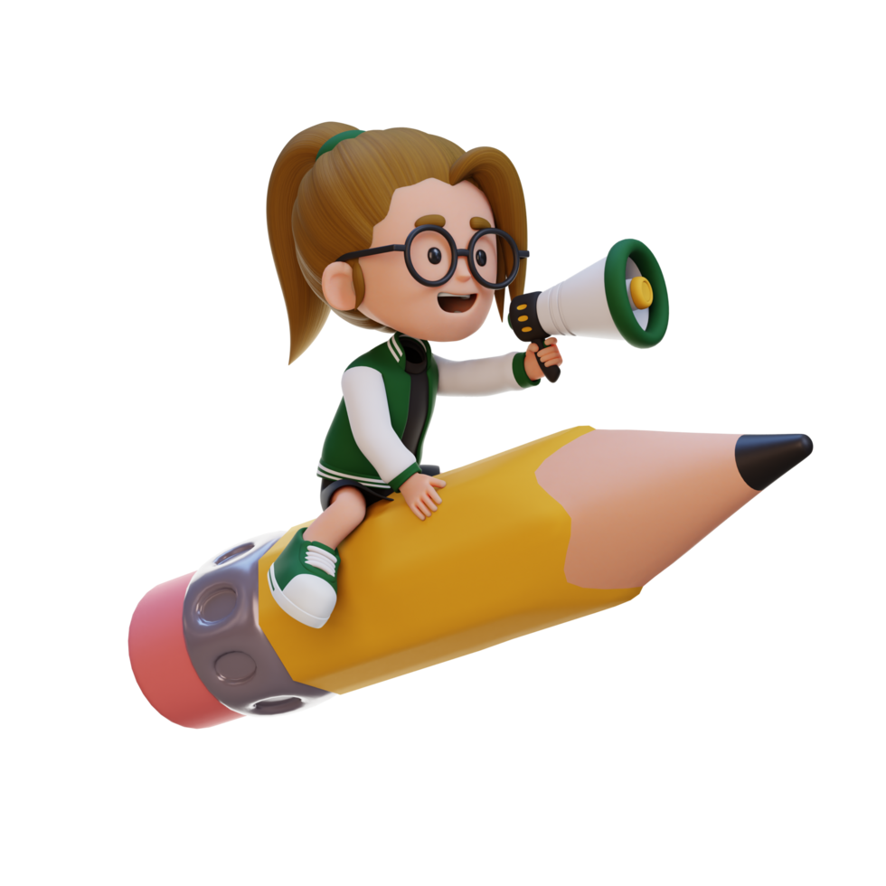 3D girl character riding a pencil and holding megaphone png