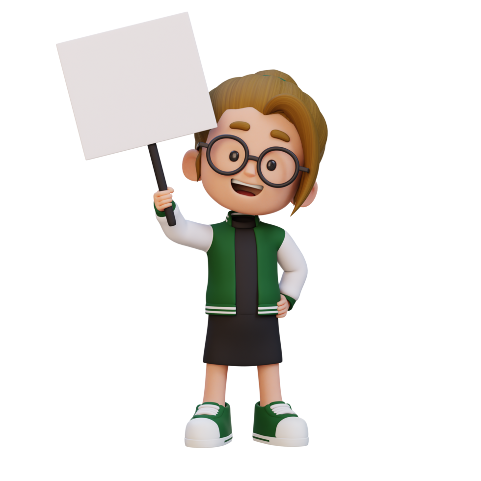 3D girl character holding a blank placard png