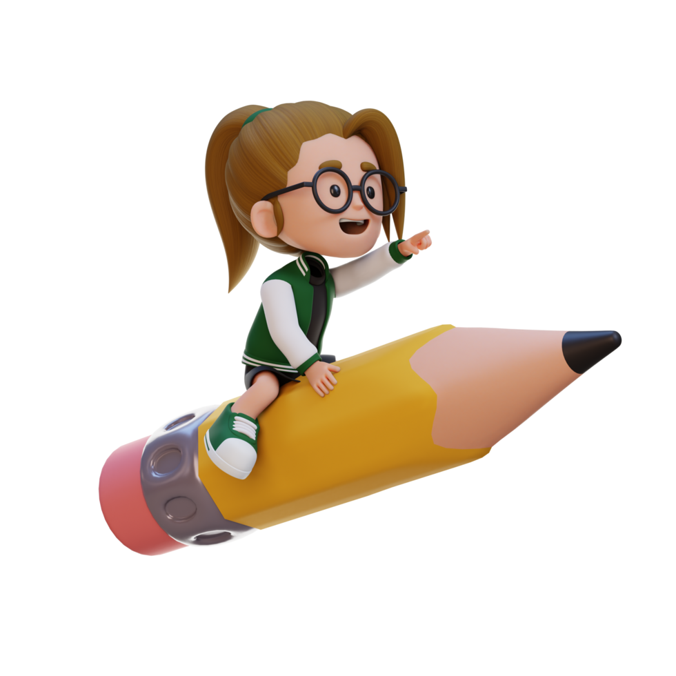3D girl character riding a pencil and pointing hand png