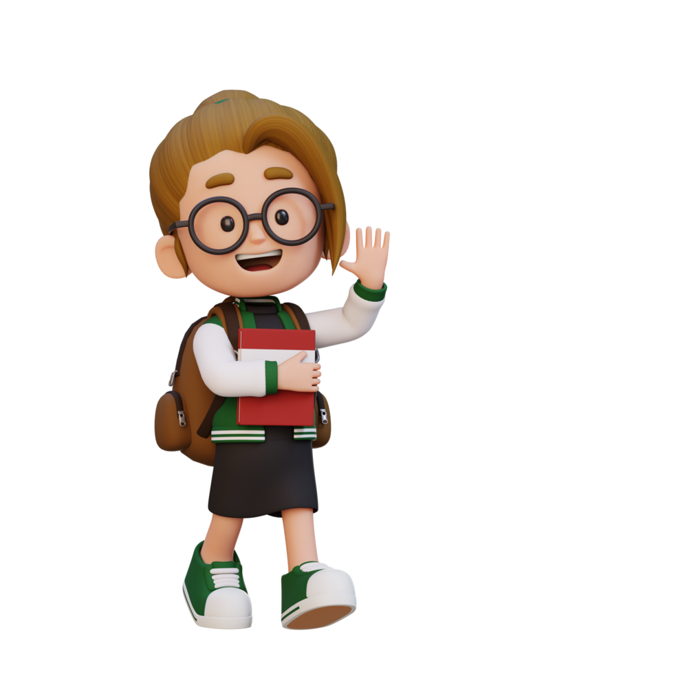 3D happy girl character walking go to school holding book and waving hand png