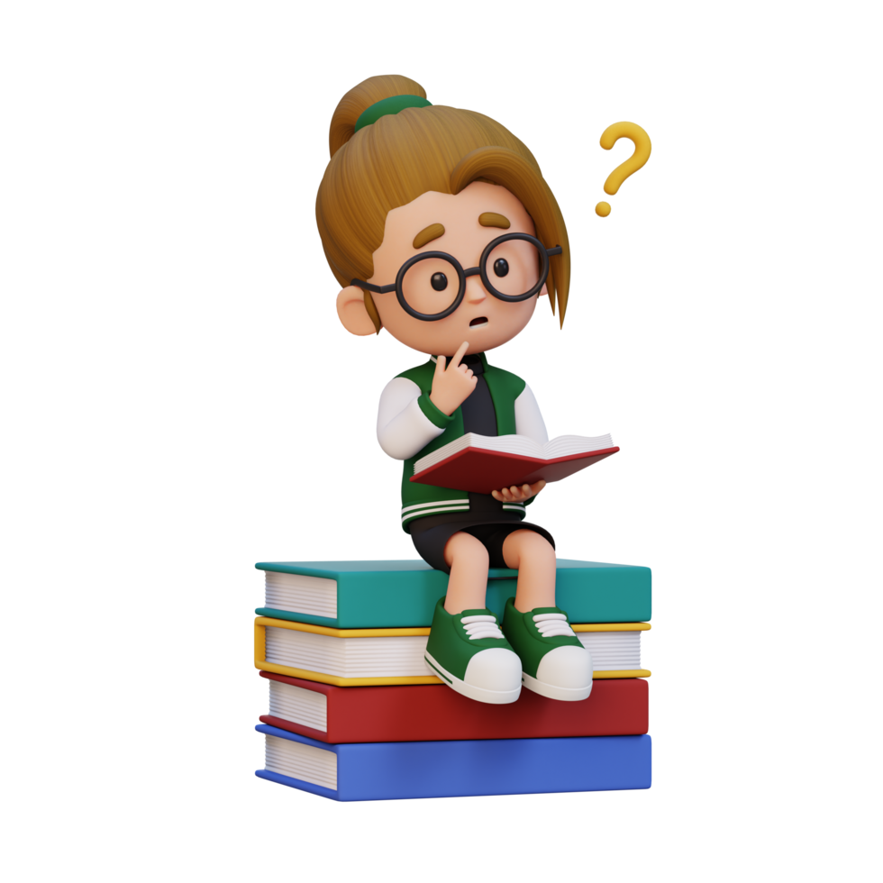 3D girl character get confused when reading a book png