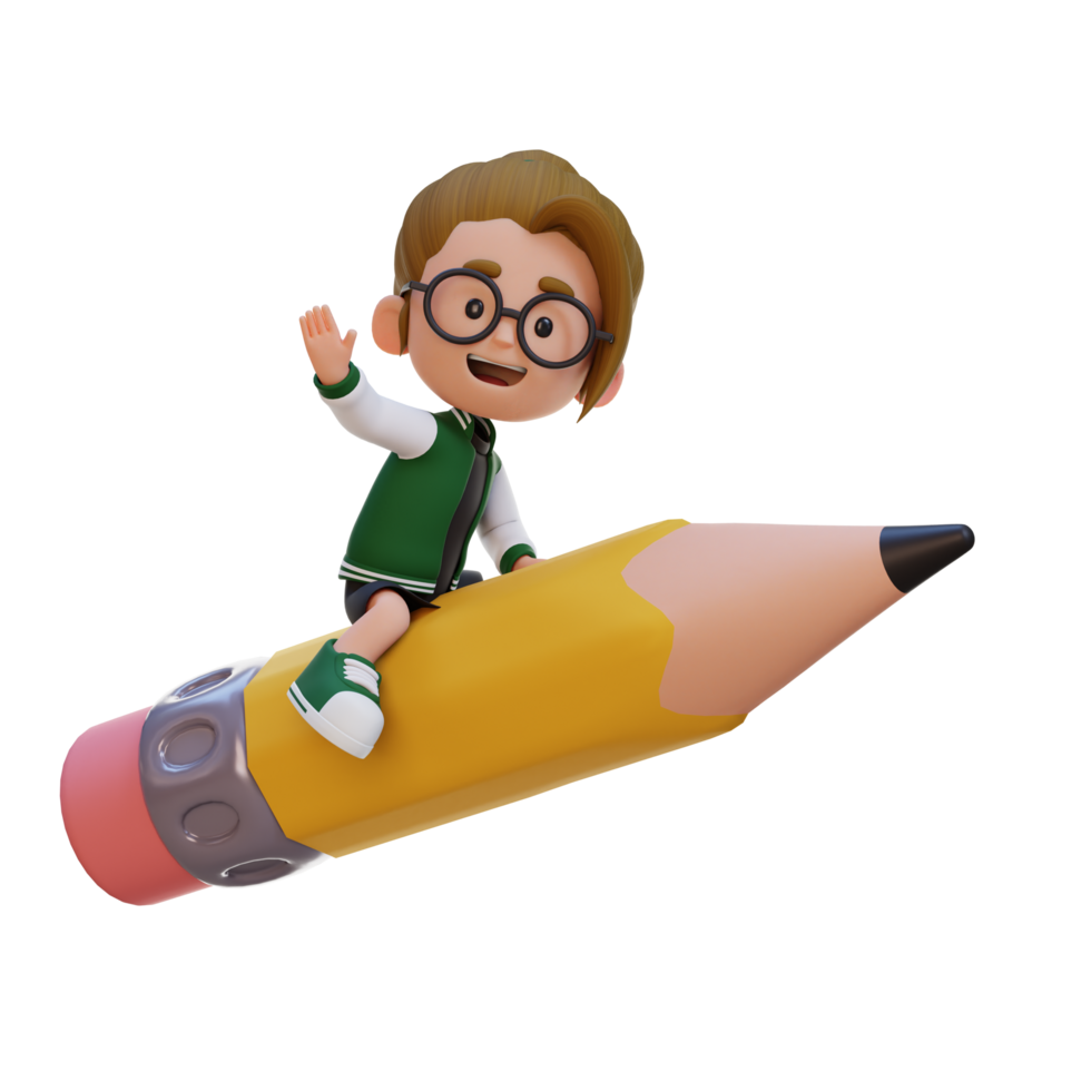 3D girl character riding a pencil and waving hand png