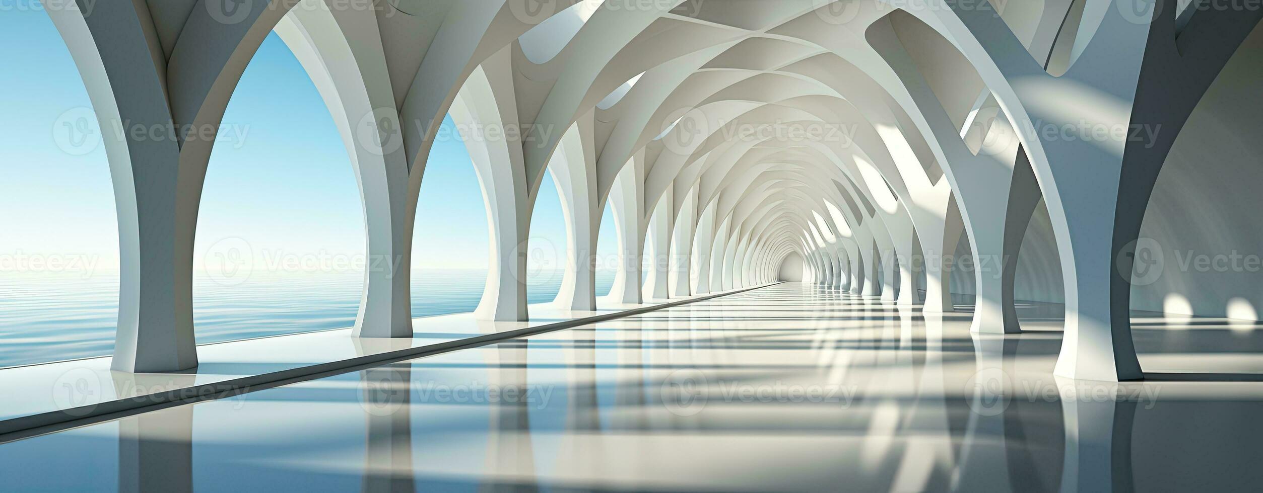 AI generated Modern Minimalist White Corridor with Curved Architecture and Light photo