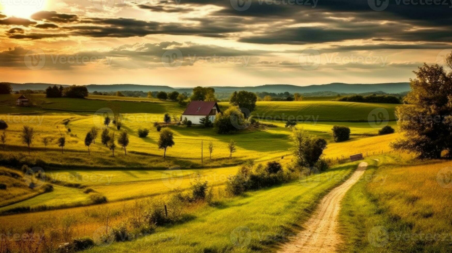 ai generado idílico campo en medio de lozano verde campos debajo azul cielo foto