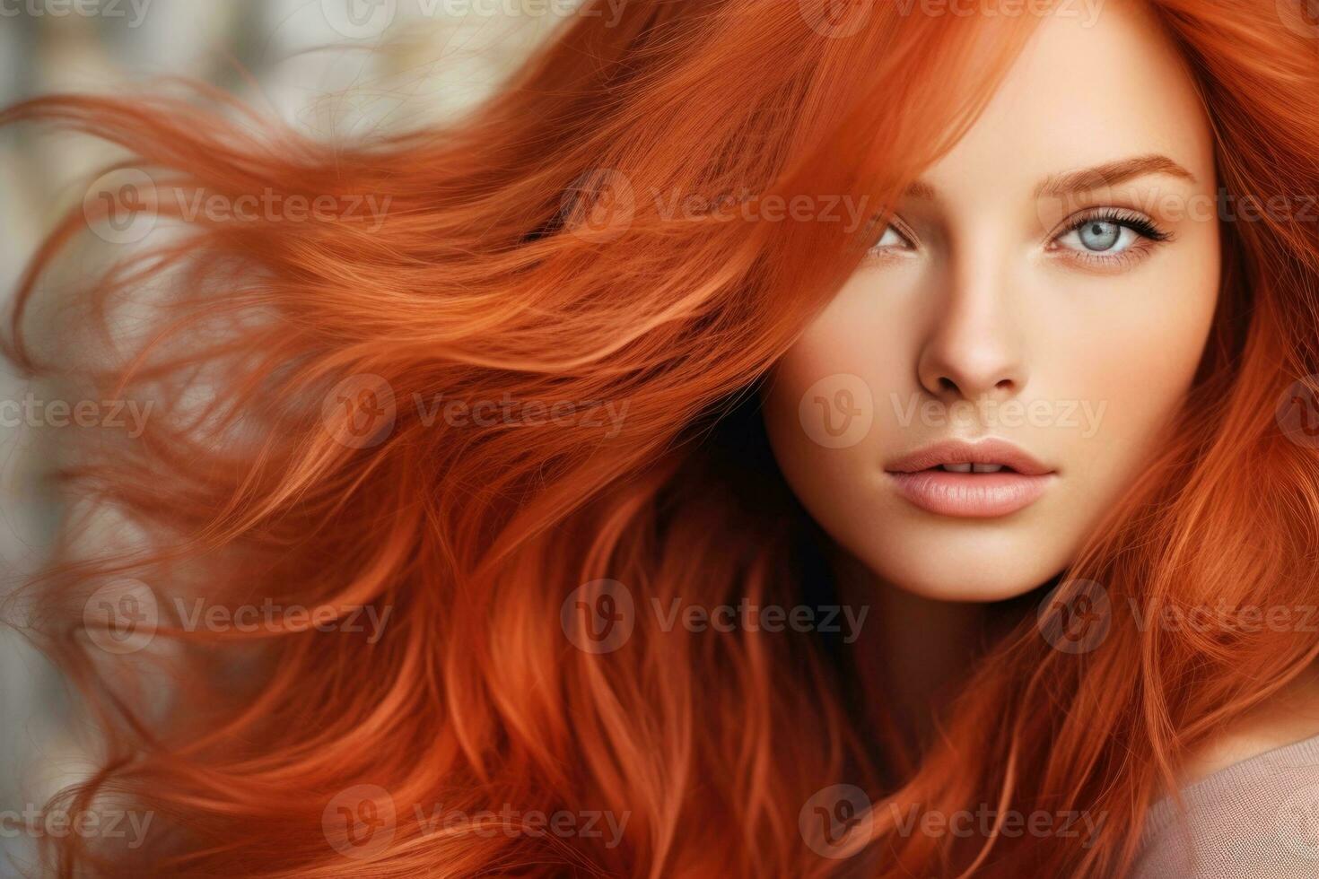 AI generated Vibrant Redhead Beauty Captivating with Intense Green Eyes. photo