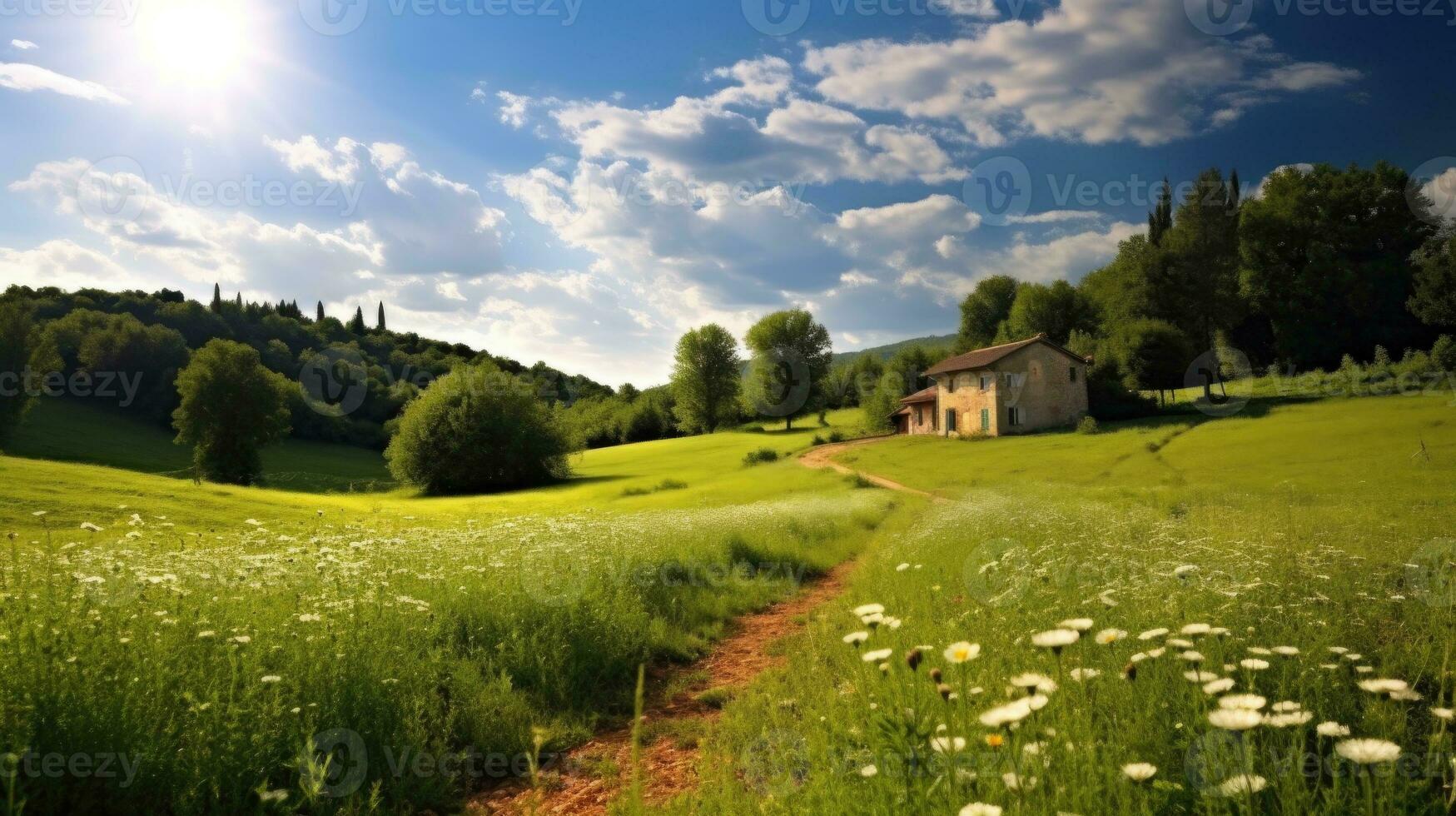 AI generated Idyllic Countryside Amidst Lush Green Fields Under Blue Sky photo