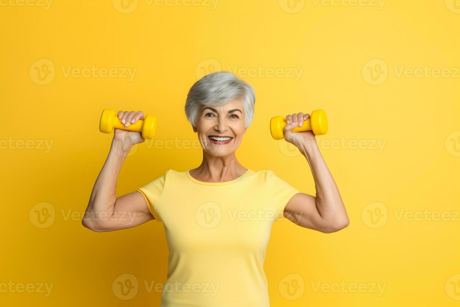 AI generated Senior Caucasian woman doing exercise with dumbbell photo