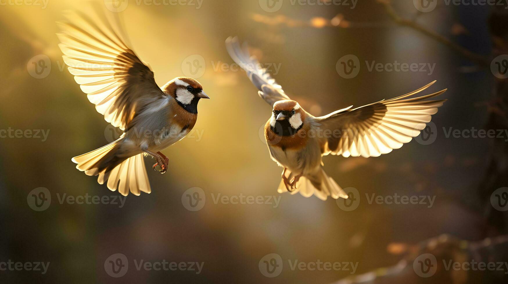 AI generated Two tree sparrows flying in garden at sunset photo