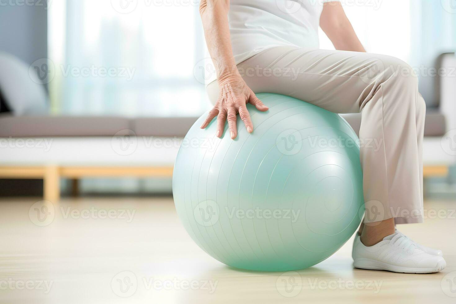 AI generated Caucasian senior doing exercise with a swiss ball at a gym photo
