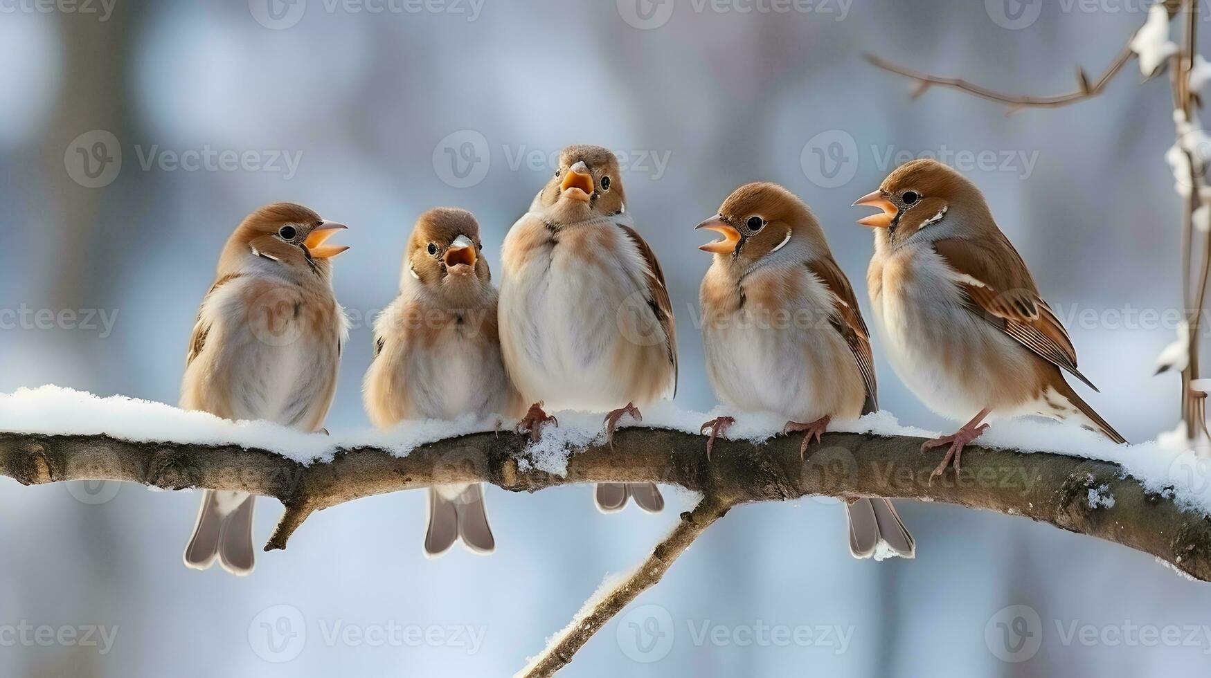 AI generated Flock of tree sparrows on the branch in a garden during winter photo
