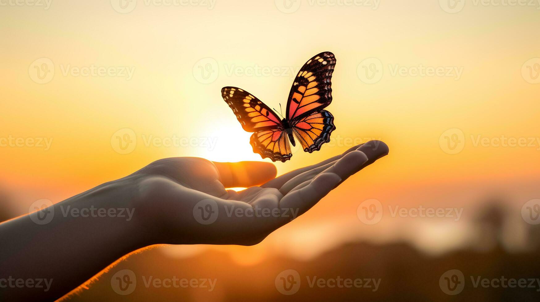 ai generado mariposa en el mano de un mujer durante puesta de sol foto