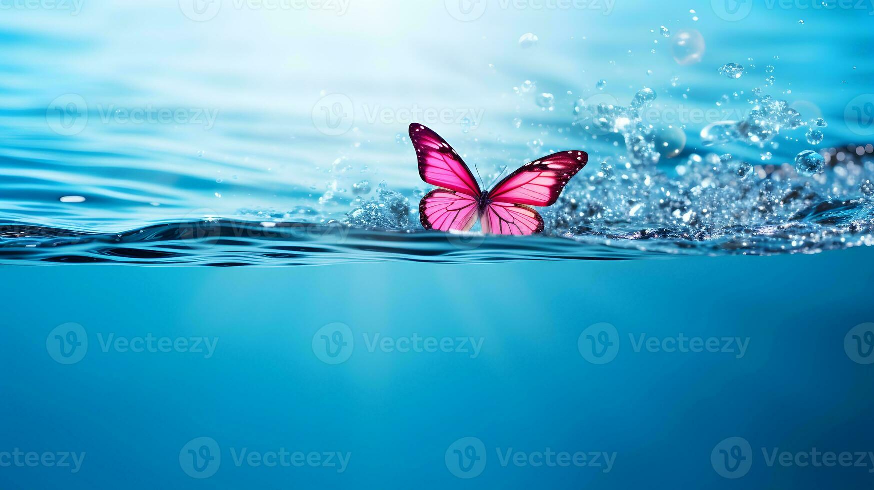 AI generated Pink butterfly on surface of water with splashes. Concept of butterfly effect. photo