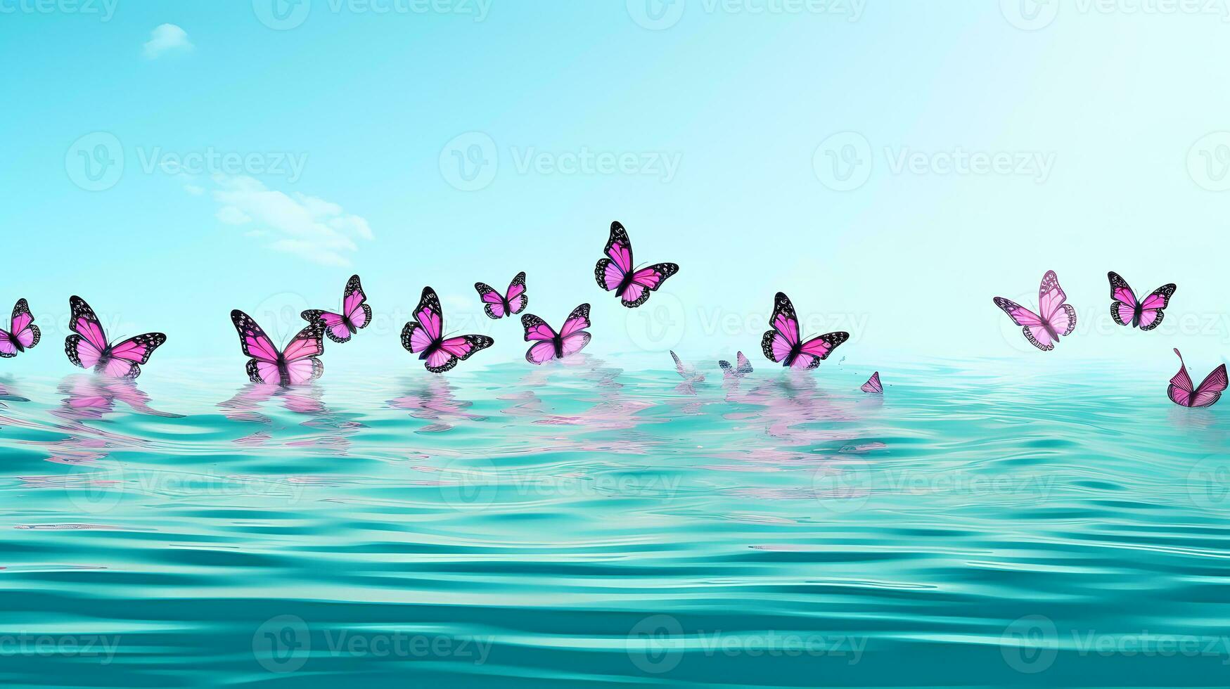 AI generated Pink butterflies on surface of water. Concept of butterfly effect. photo