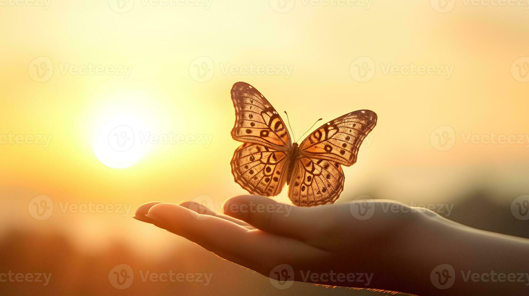 ai generado mariposa en el mano de un mujer durante puesta de sol foto