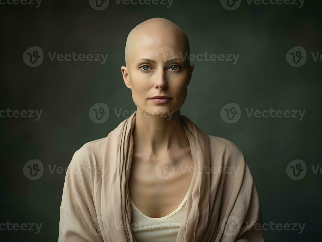 AI generated Portrait of caucasian bald woman, alopecia and cancer awareness, copy space photo