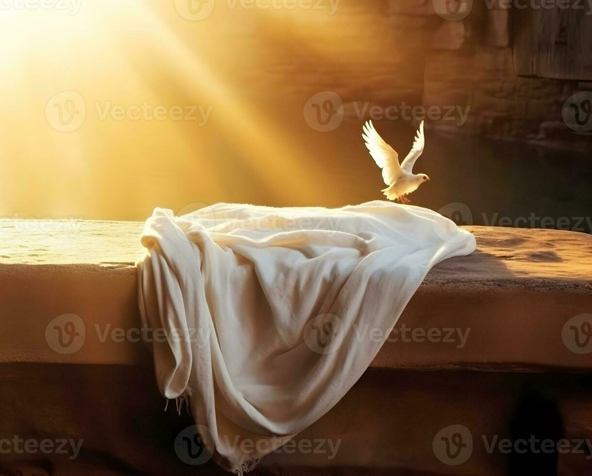 ai generado Resurrección de Jesús Cristo concepto. blanco pájaro, sudario y crucifixión a amanecer foto