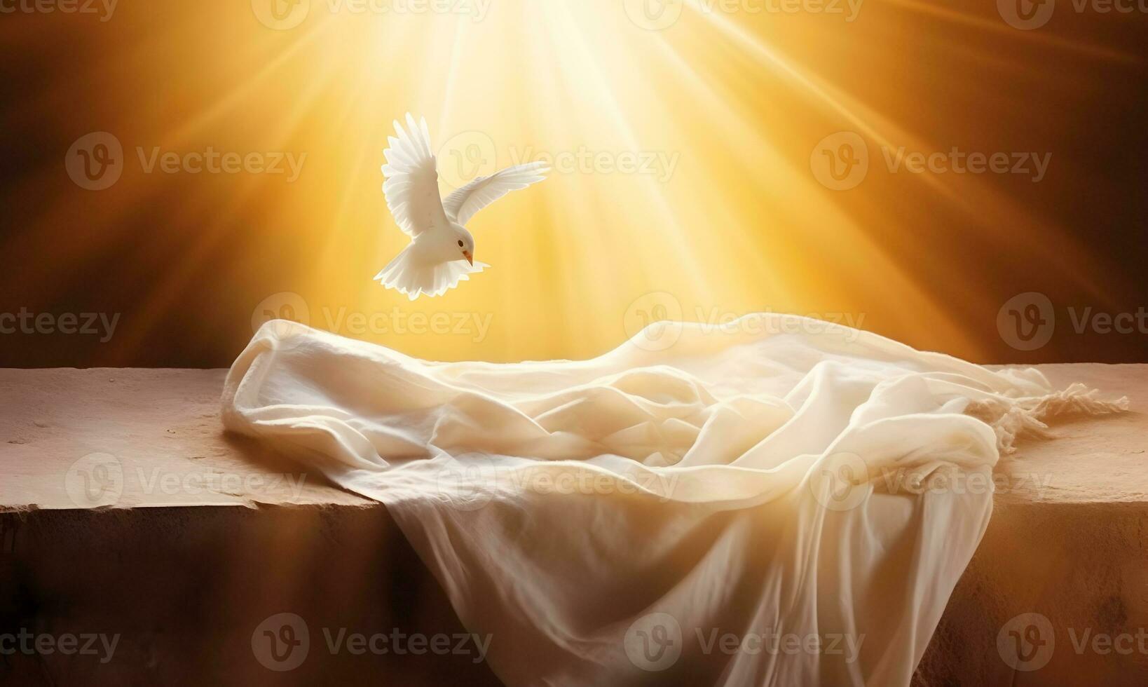 ai generado Resurrección de Jesús Cristo concepto. blanco pájaro, sudario y crucifixión a amanecer foto