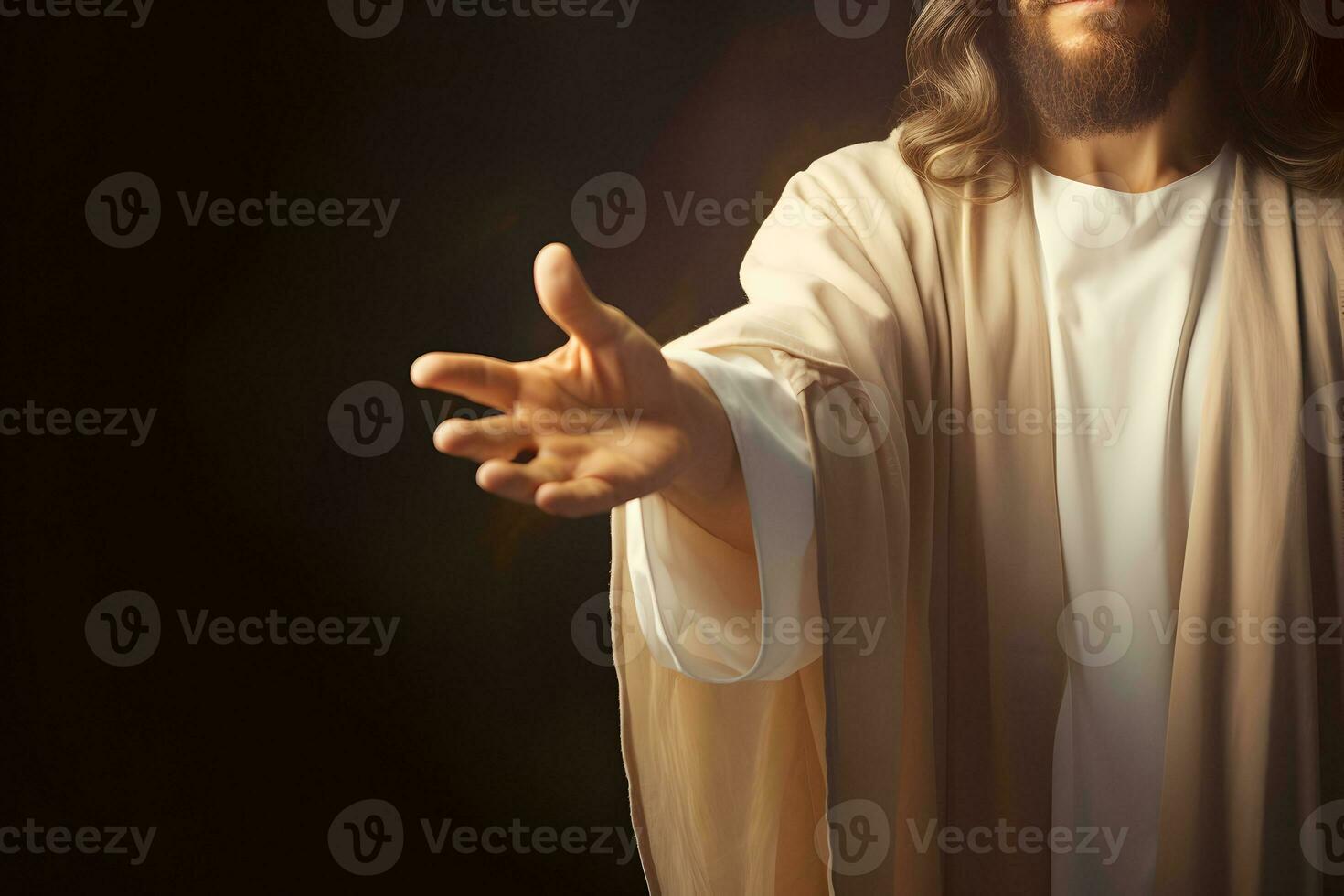 ai generado Jesús alcanzando fuera su mano en contra oscuro antecedentes foto