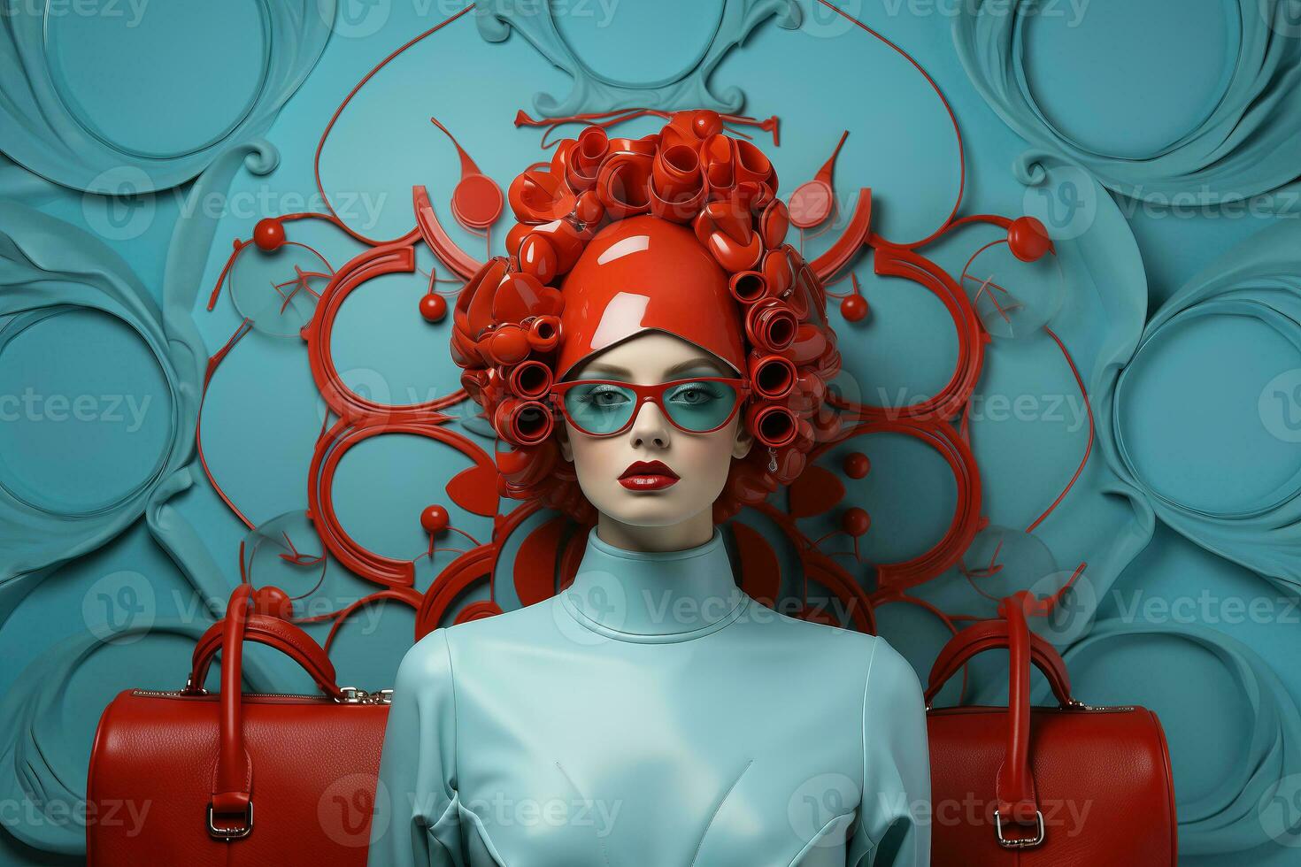 AI generated Close-up portrait of a stylish girl wearing a red hat looking at the camera with blue glasses. photo