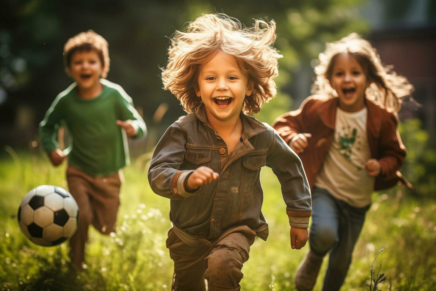 ai generado niños jugando pelota al aire libre. foto