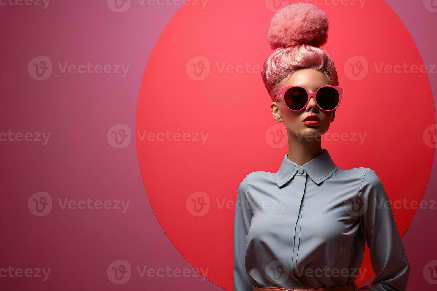 AI generated Young positive woman bright makeup pink hair glamor stylish glasses, on pink background. photo