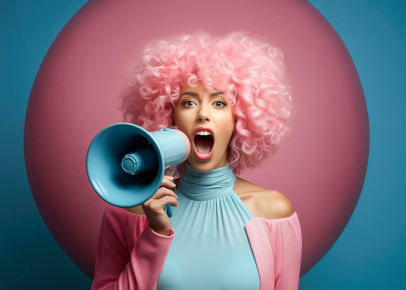 AI generated A girl screams into a loudspeaker against a pink background. photo