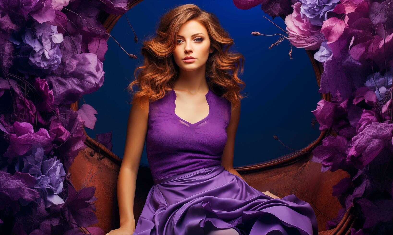 AI generated A girl in a purple dress and red hair. photo