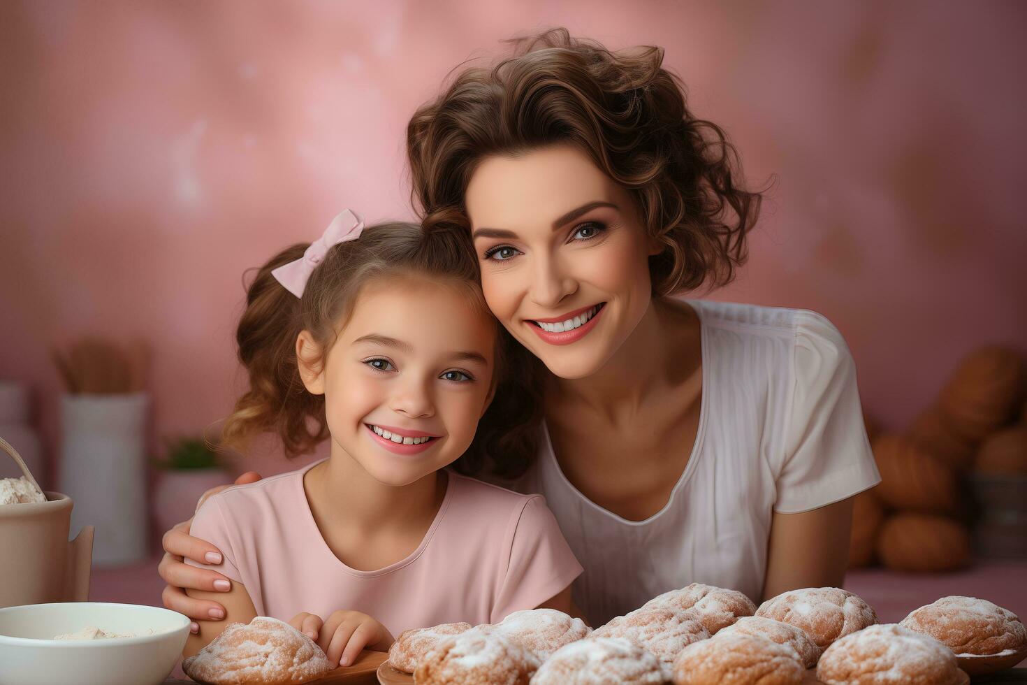 ai generado cuidando mamá enseña su joven hija cómo a hacer galletas como ellos hornear juntos en el cocina. foto