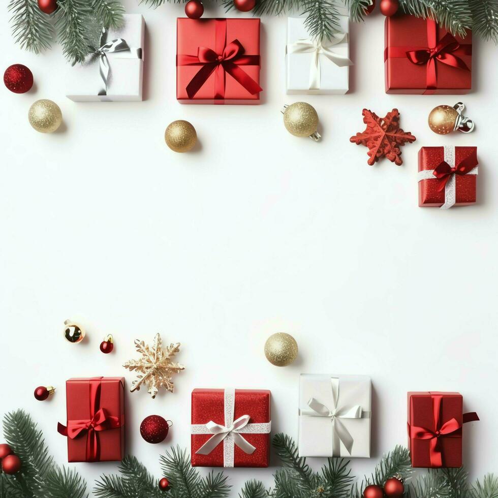 Christmas composition with gift boxes, card balls fir branches pine cones with copy space. Christmas by AI Generated photo