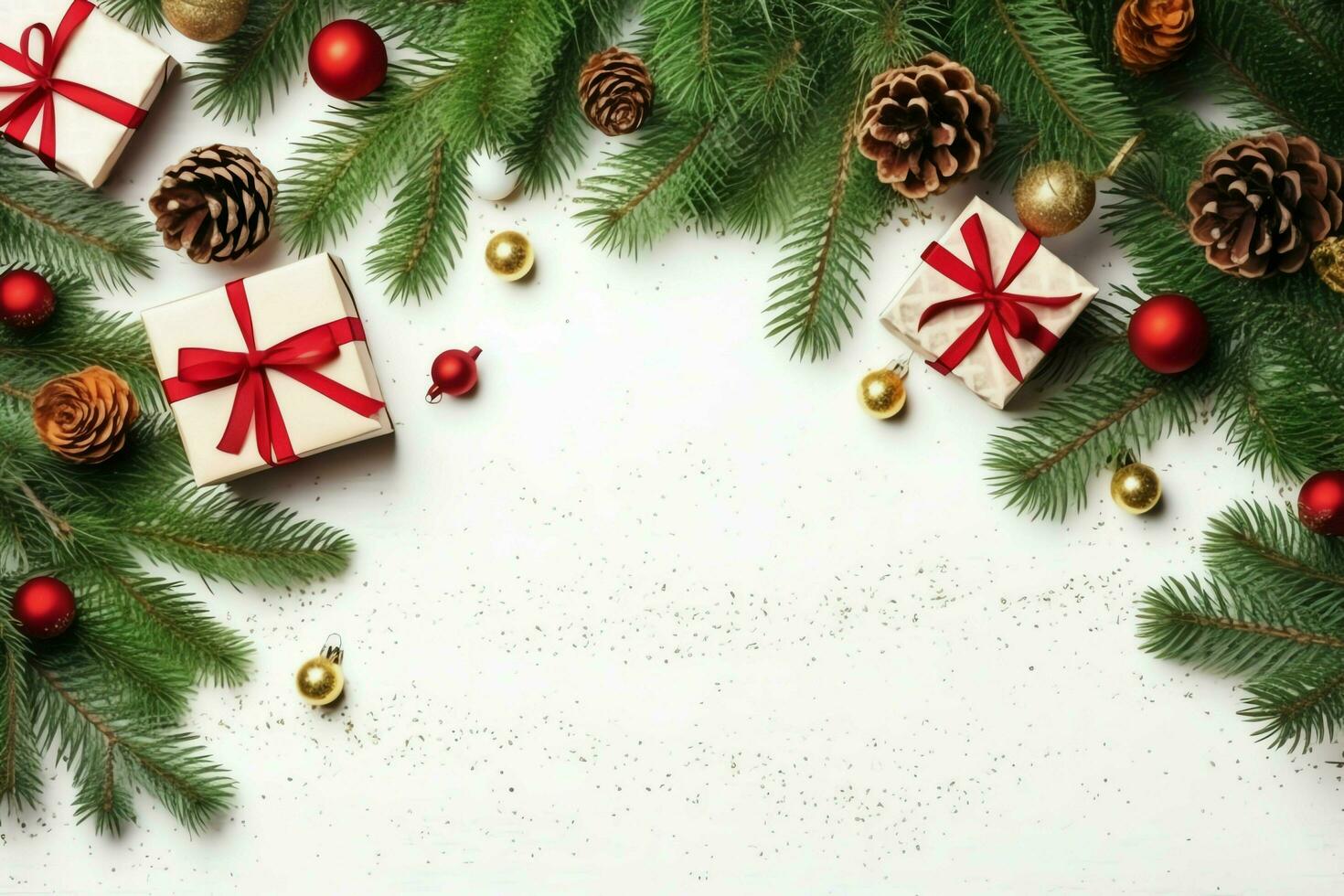 Christmas composition with gift boxes, card balls fir branches pine cones with copy space. Christmas by AI Generated photo