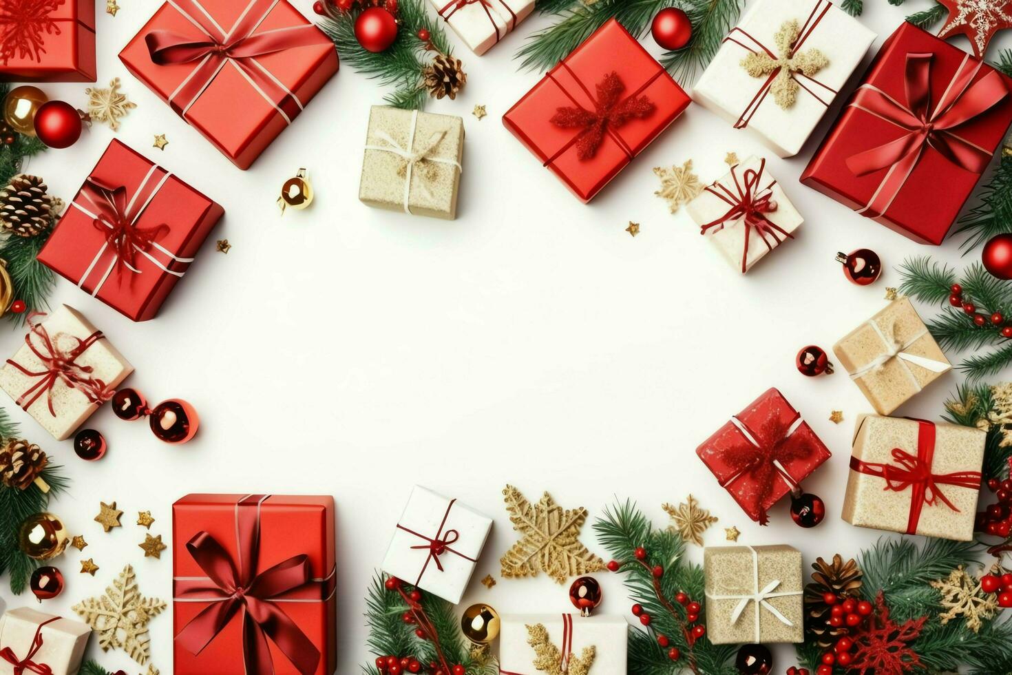 Christmas composition with gift boxes, card balls fir branches pine cones with copy space. Christmas by AI Generated photo