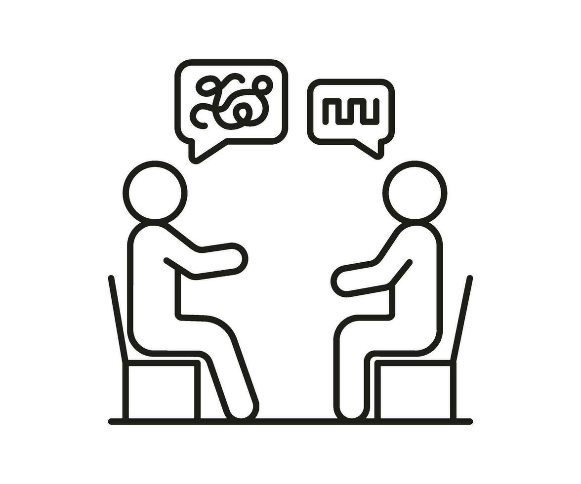 Psychologist and patient talk with speech bubble outline, therapy conversation two person, line sign. Dialog speak. Tangled mind and transcript. Vector illustration