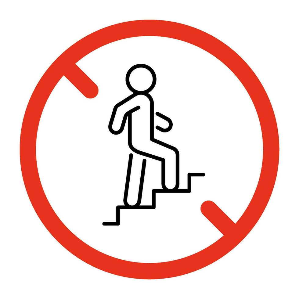 Prohibited stairs up person, entry for people, stop line sign. Symbol moving upstairs of person forbidden. Restricted to climbing stairs, ascending steps. Vector symbol