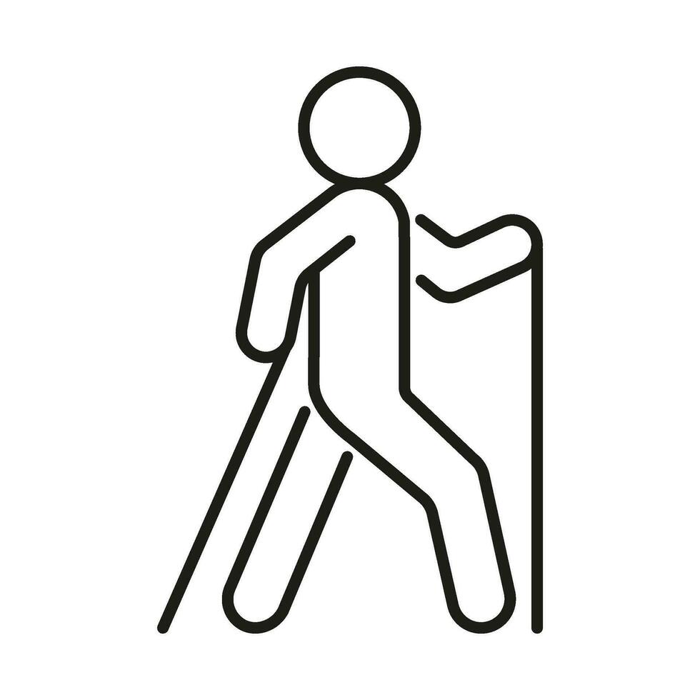 Nordic walking, trekking, line icon. Person walk with sticks, poles. Accessible sport activities for health. Vector sign illustration