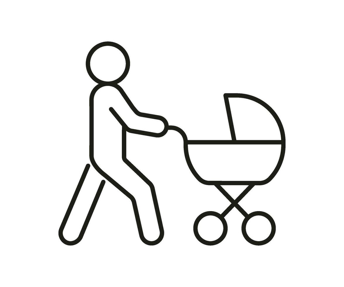 Person walk with baby stroller, line icon. Newborn in carriage. Motherhood. Vector illustration