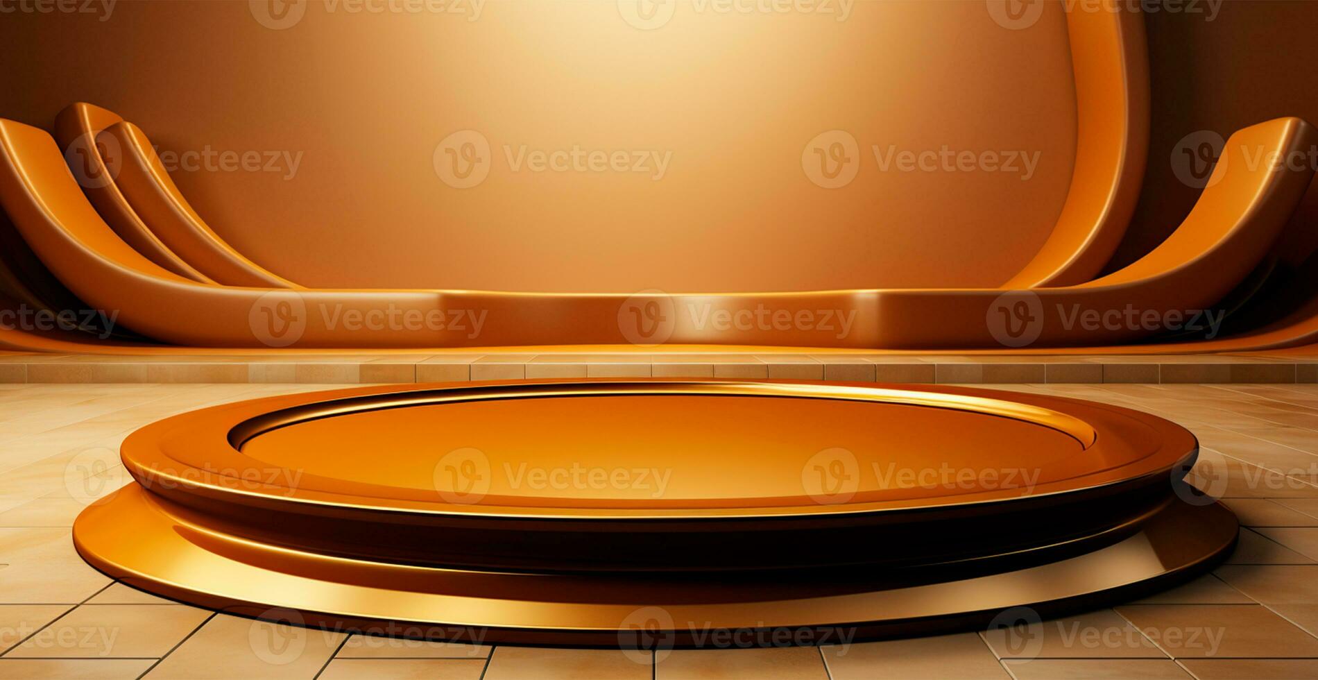 AI generated Empty podium pedestal, golden background stand for product, goods. Shelf with product advertising - AI generated image photo