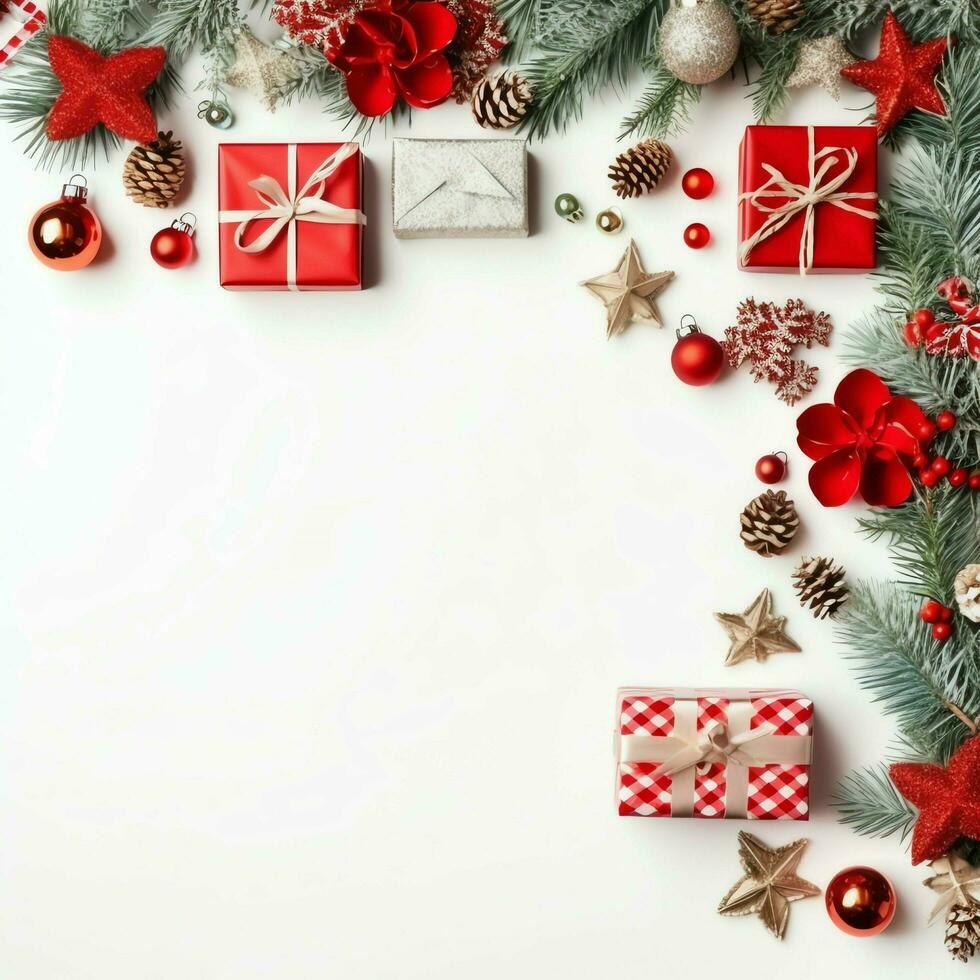 Christmas composition with gift boxes, card balls fir branches pine cones with copy space. Christmas by AI Generated photo